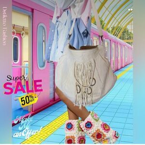 🌸 Susan Riedweg beige leather tassel Boho hobo slouchy shoulder vintage xlg bag